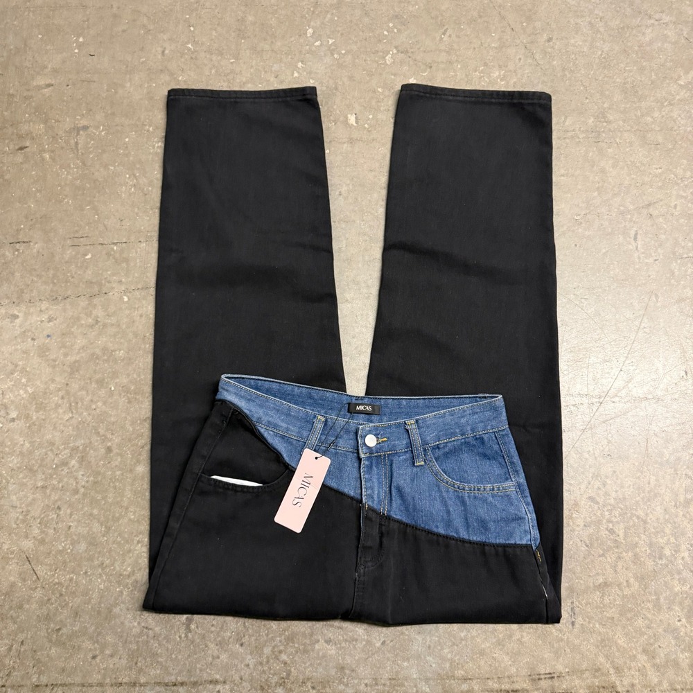 MICAS Women Two Tone Color Block Straight Leg Jeans Blue Black Asymmetrical NWT